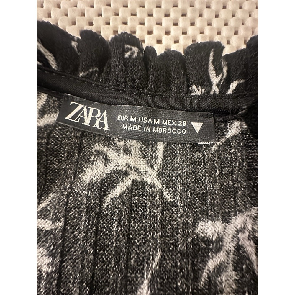 Zara Boho Babydoll Tunic Mini Dress Women Sz M Black White Texture Flowy‎ V Neck - Picture 10 of 10